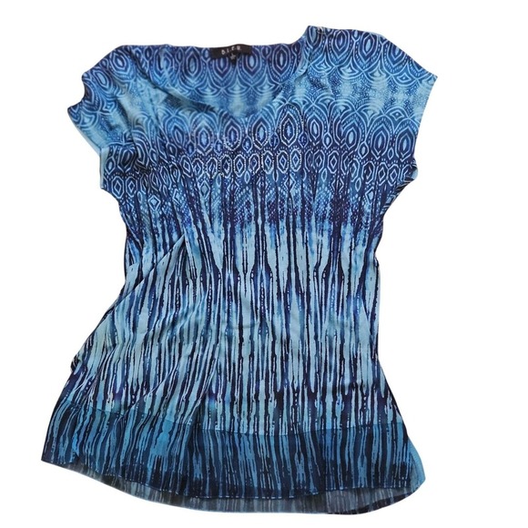 B.L.U.E. Blouse Top Peacock Pattern Cap Sleeve Sweetheart Neck Blue White Size L - Picture 1 of 3